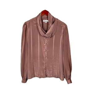 Vintage 80s Women Taupe Cowl Neck Secretary Academia Dacron Poly Blouse Size 10